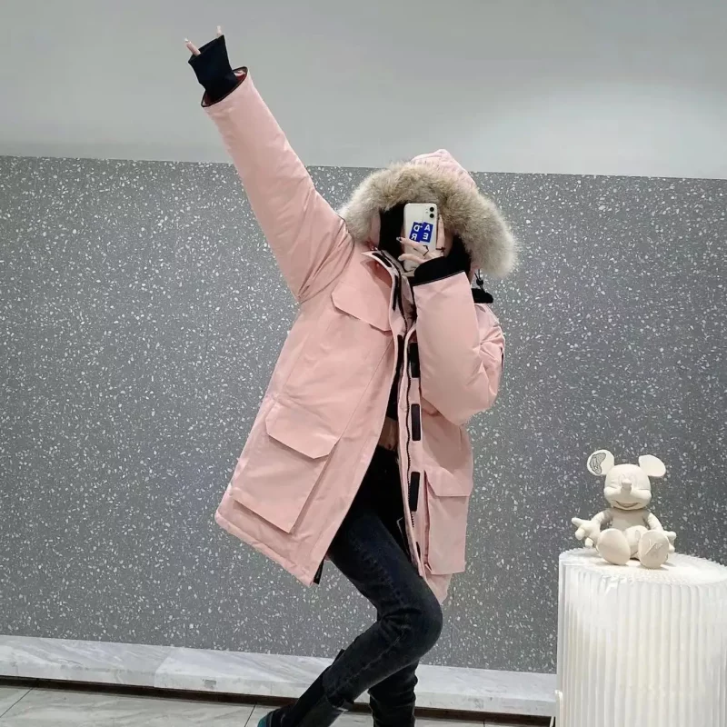 Canada Goose pink mid-length jacket, suitable for both men and women